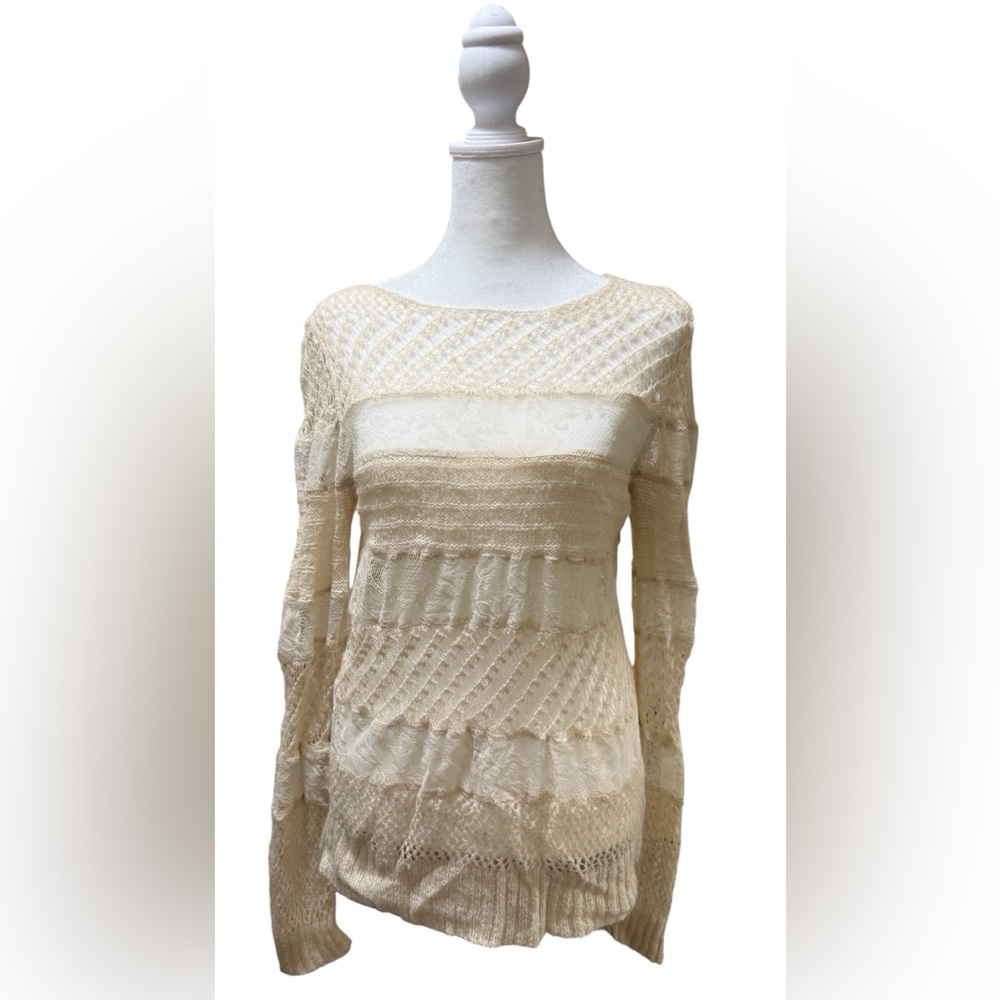 Lauren Conrad Sheer Lace Knit Long Sleeve Top in Ivory